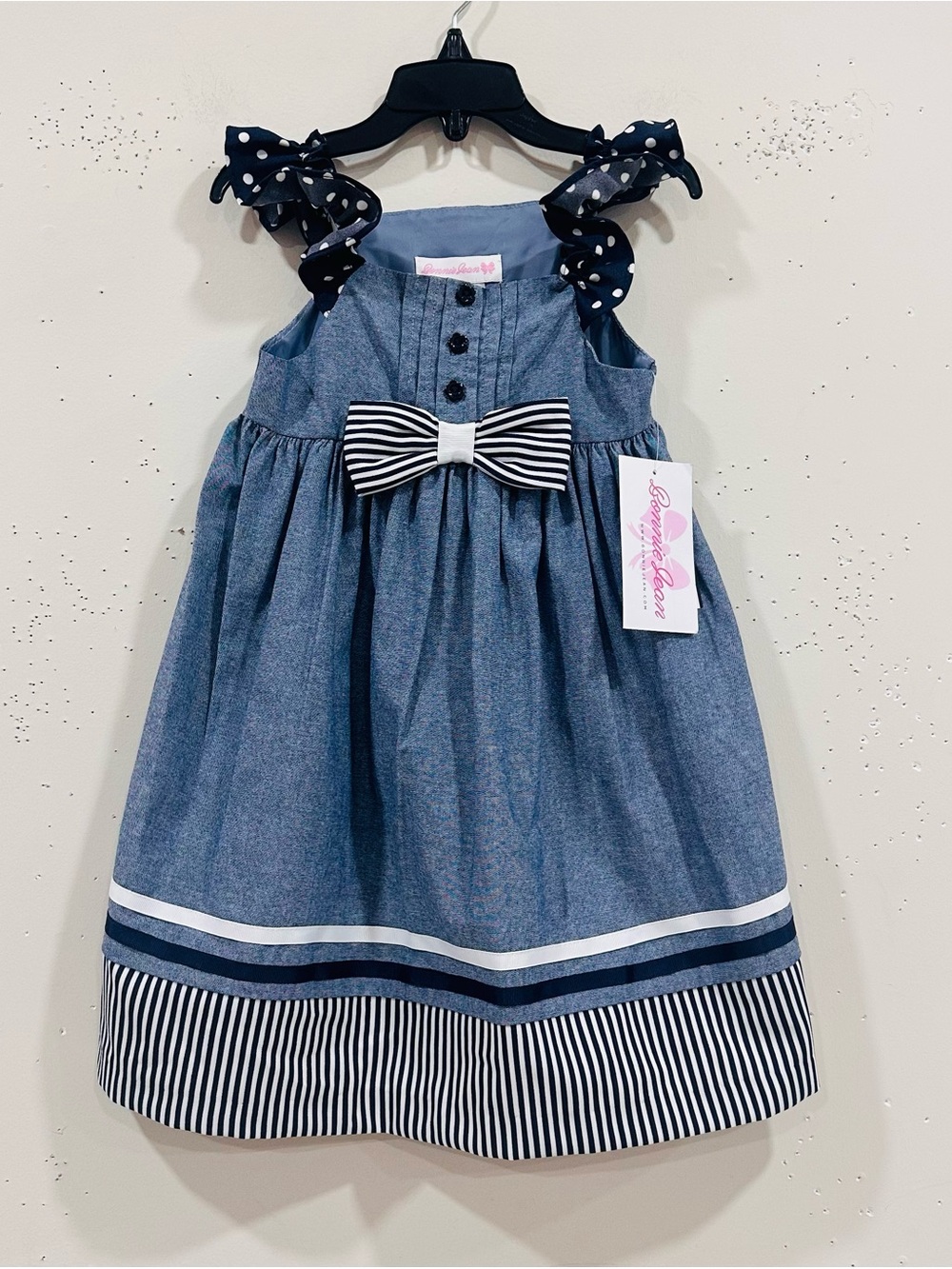 Bonnie Jean Toddler Girls Chambray Denim Nautical Sailor Dress Bow Size 4T NWT